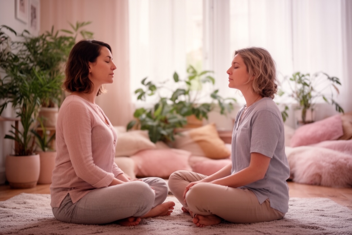 A mother and young child practicing calm breathing together on the living room rug