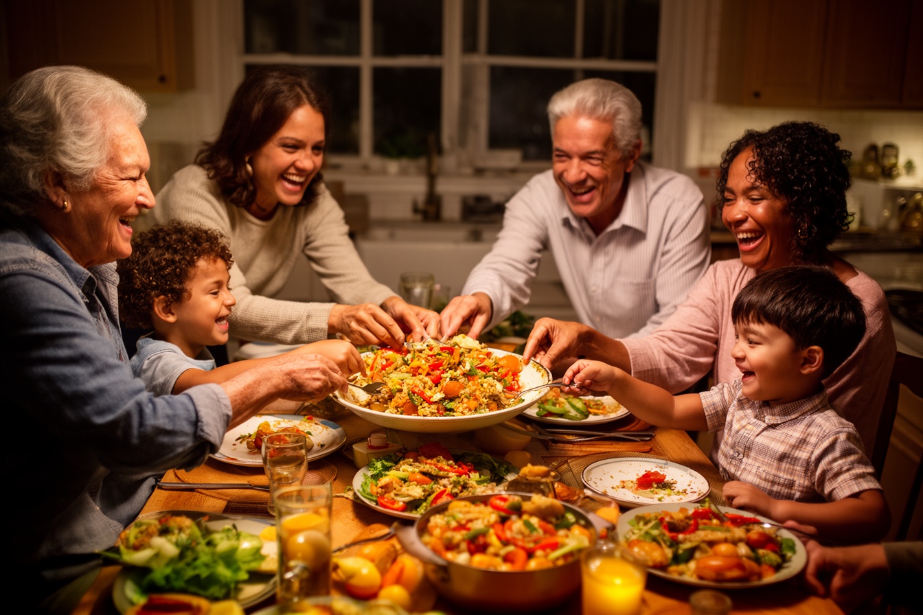 A multigenerational multicultural family sharing dinner around a wooden table