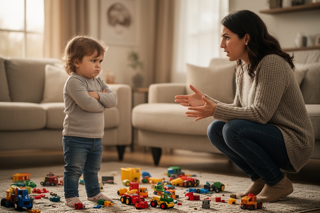 A toddler with arms crossed refusing to tidy up while their mother speaks calmly