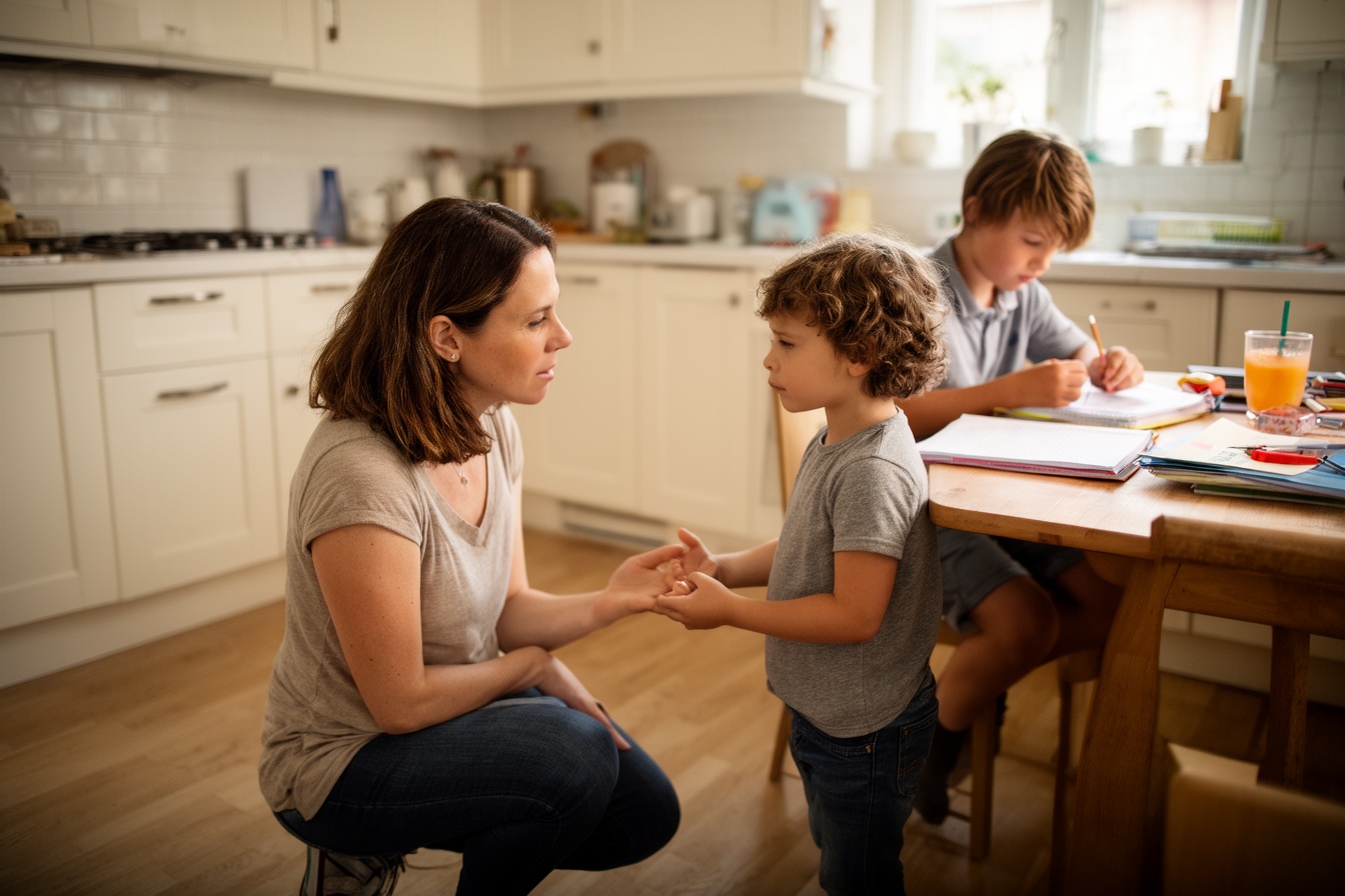 A mother kneeling to talk gently with her preschooler while an older sibling studies nearby