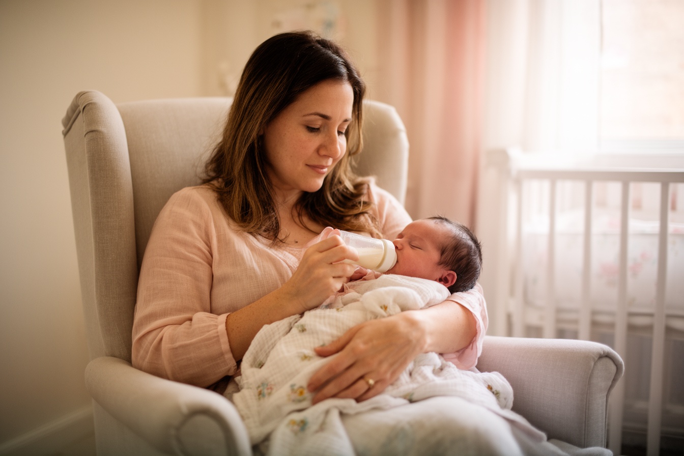 A mother bottle-feeding her newborn in a sunlit nursery armchair