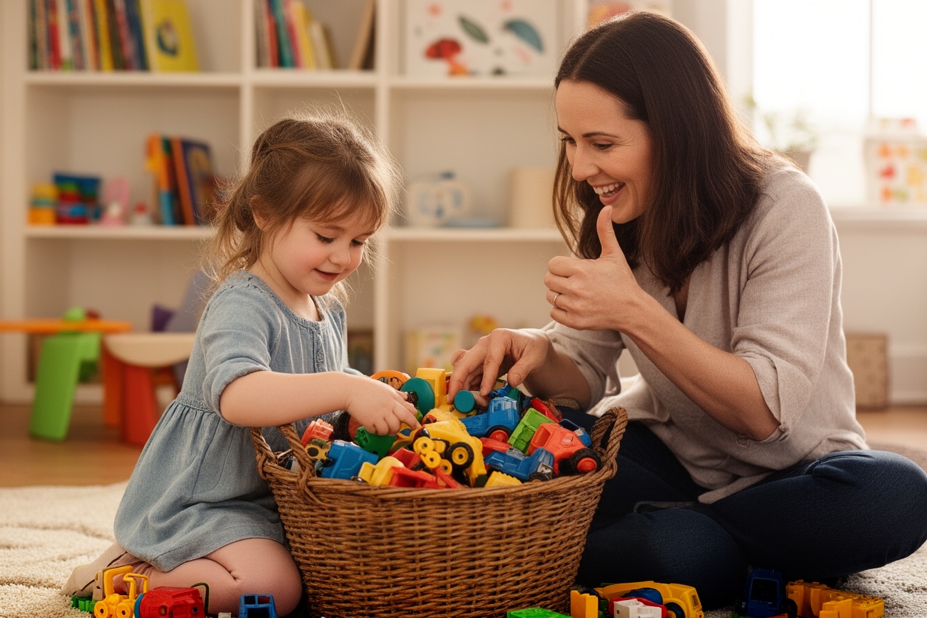 A mother and daughter tidying toys together with an encouraging thumbs up