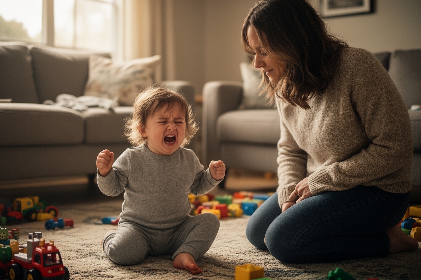 A calm mother kneeling beside her toddler mid-tantrum on the living room rug