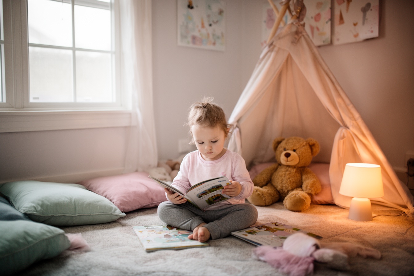 A toddler reading quietly in a cozy calm-down corner with cushions and a teddy bear