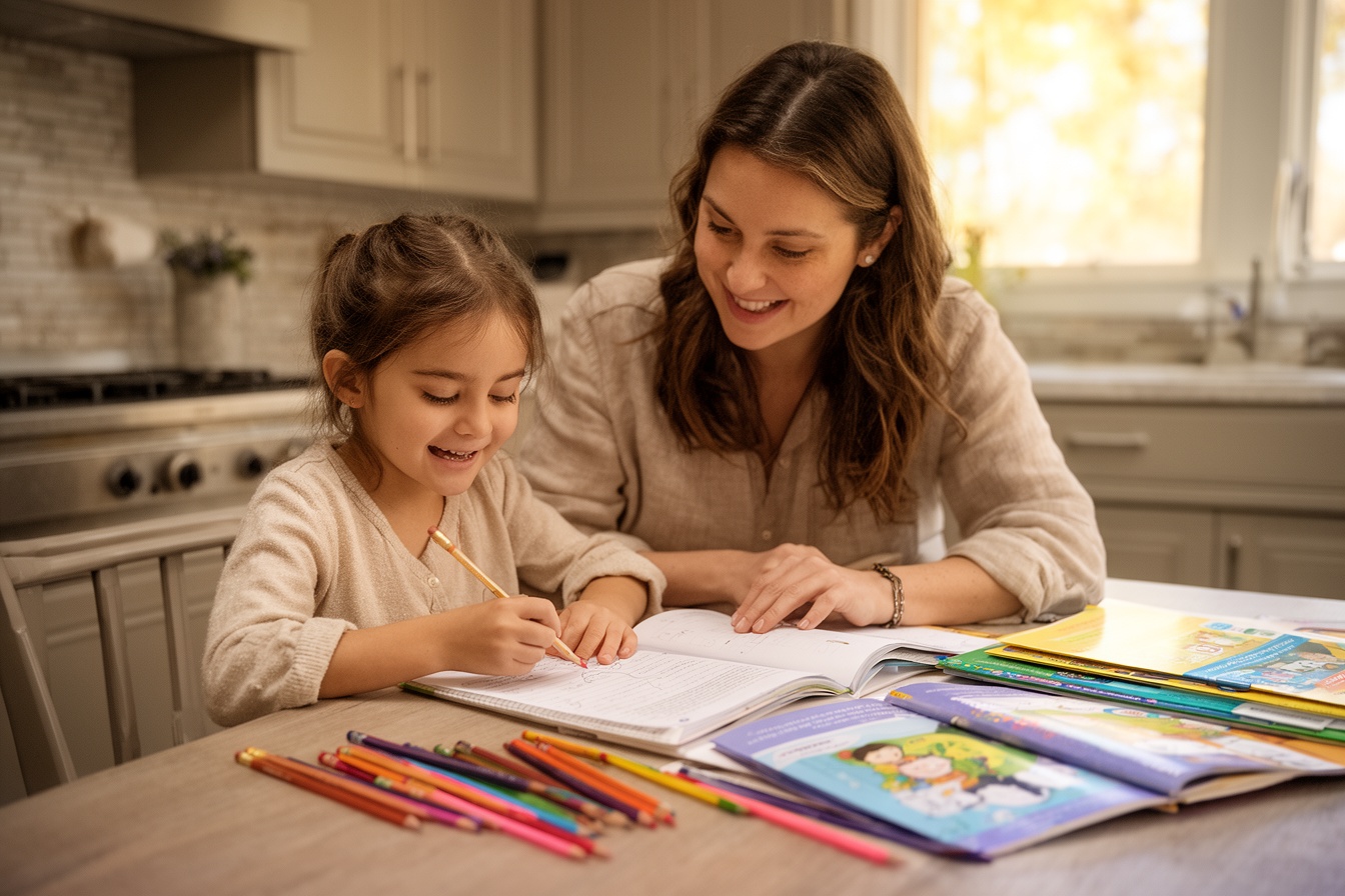 A mother helping her daughter with a workbook at the kitchen table