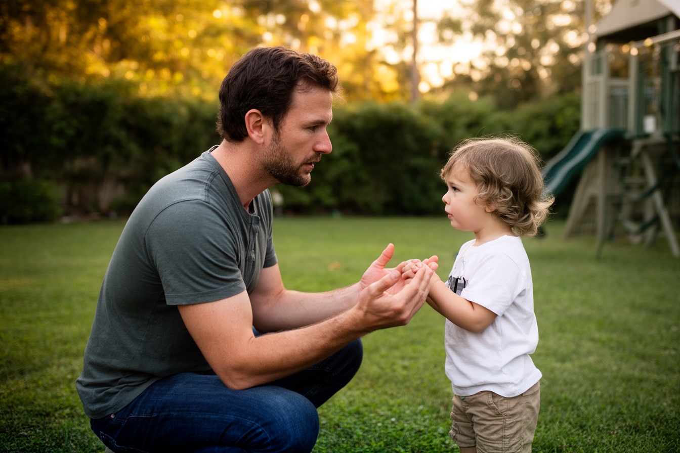 A father at eye level gently explaining a rule to his child by the backyard playground
