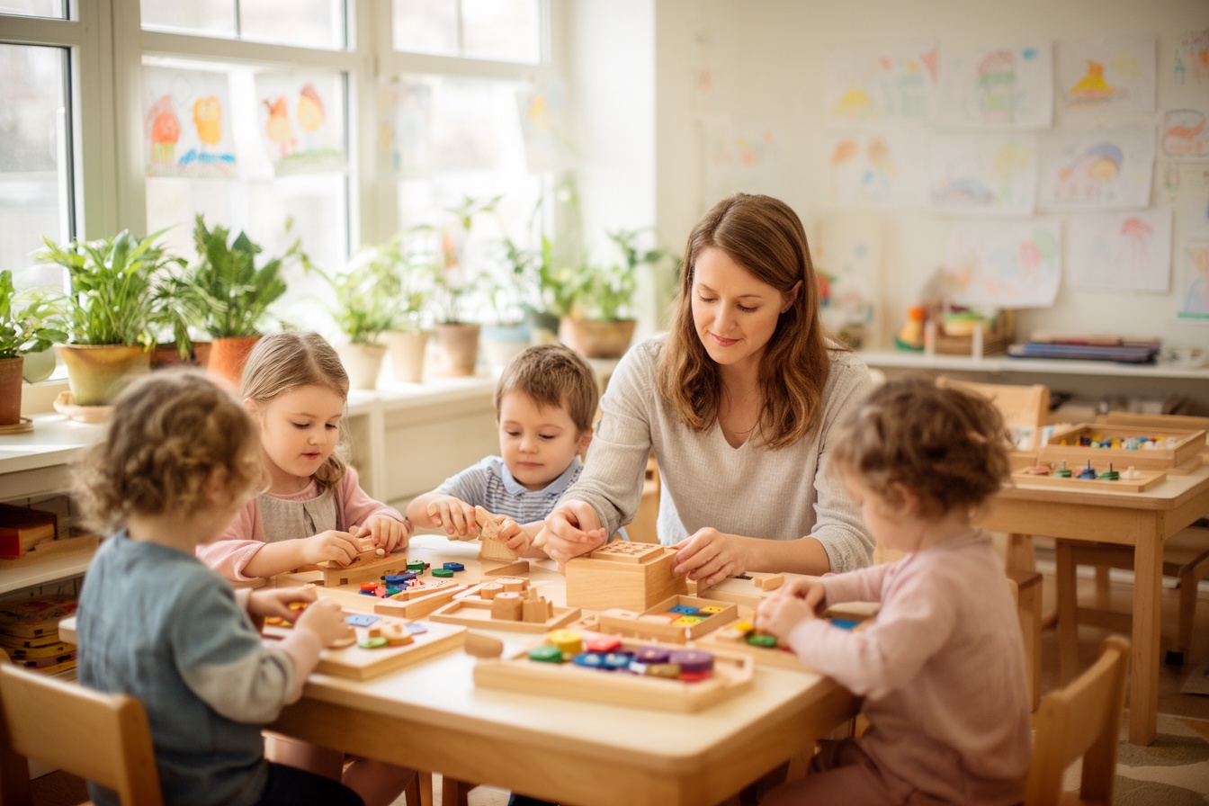Small children doing hands-on activities in a bright preschool classroom