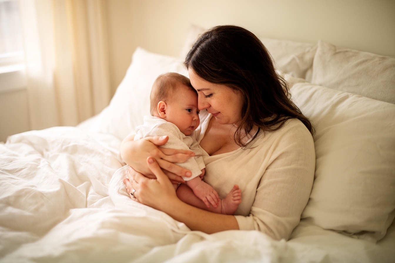 A mother cradling her baby forehead to forehead in a sunlit bedroom