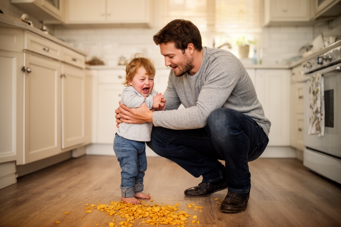 A father comforting his crying toddler with a hug in the kitchen