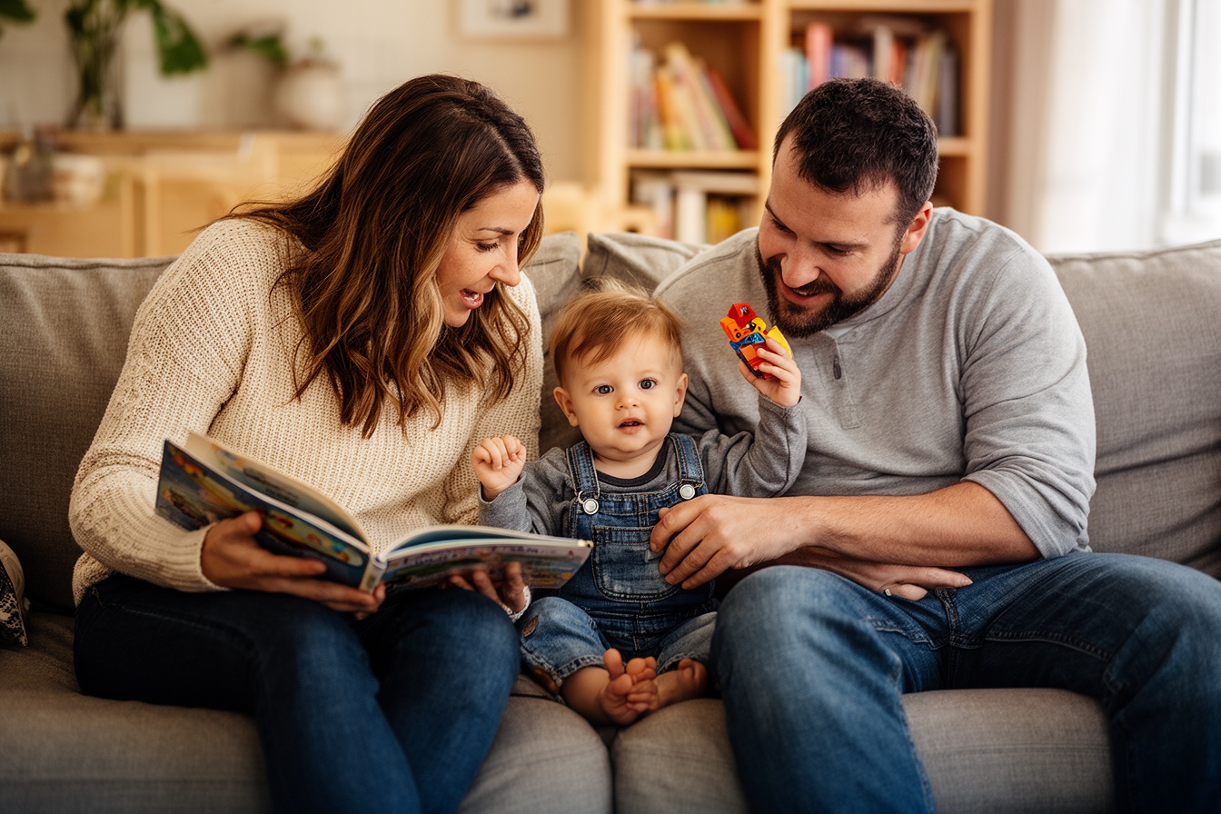 Two parents engaging their toddler in different ways on the family sofa