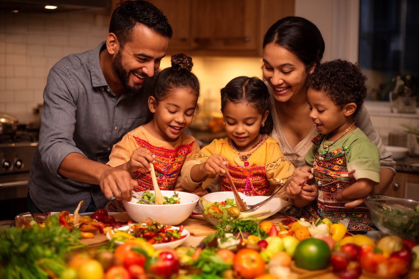 Parents from different cultures cooking a festive meal with their children