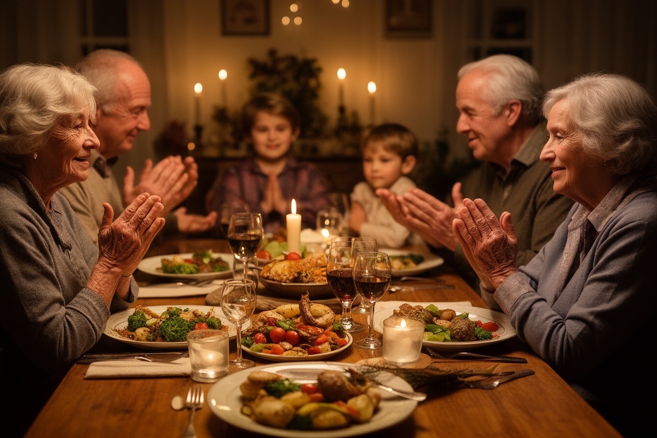 Grandparents, parents and children sharing a traditional family dinner