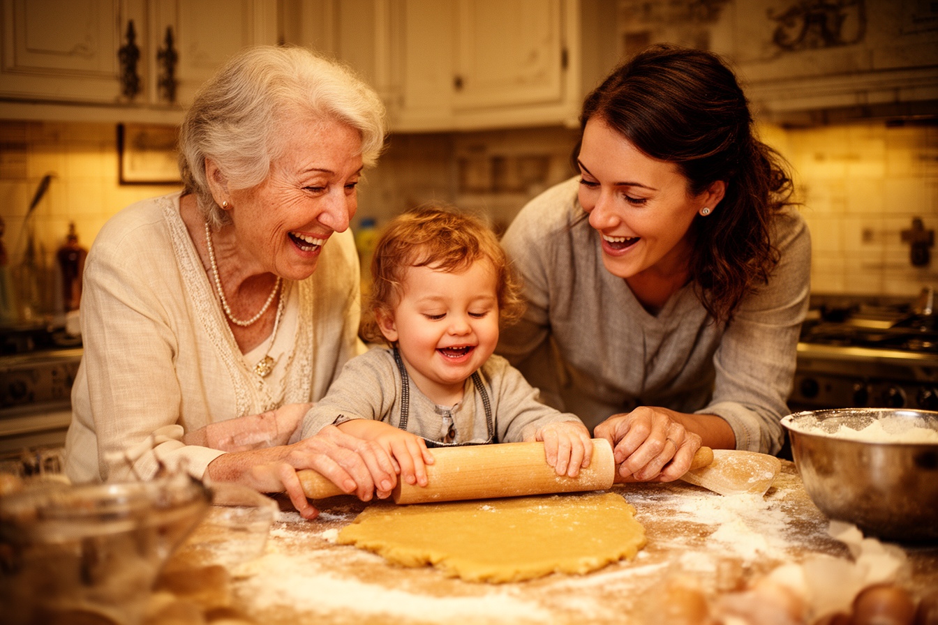 A grandmother, mother and toddler baking cookies together