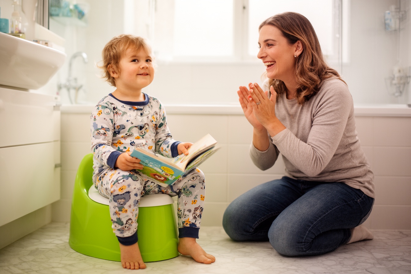 A mother cheering on her toddler sitting on a potty chair with a picture book