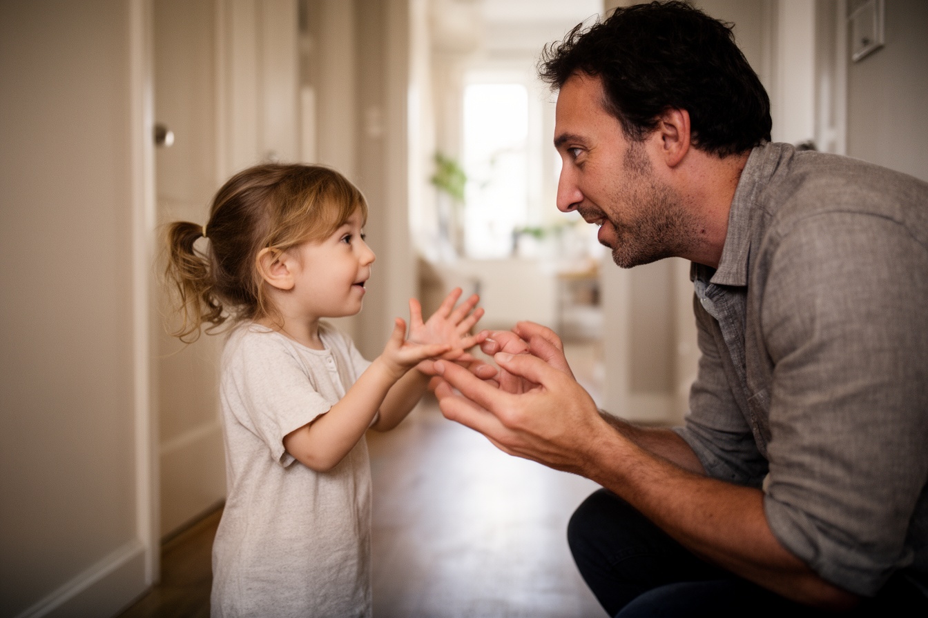 A father kneeling to listen attentively to his young daughter