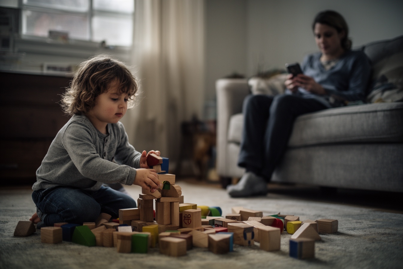 A child playing alone with blocks while a distracted parent sits in the background