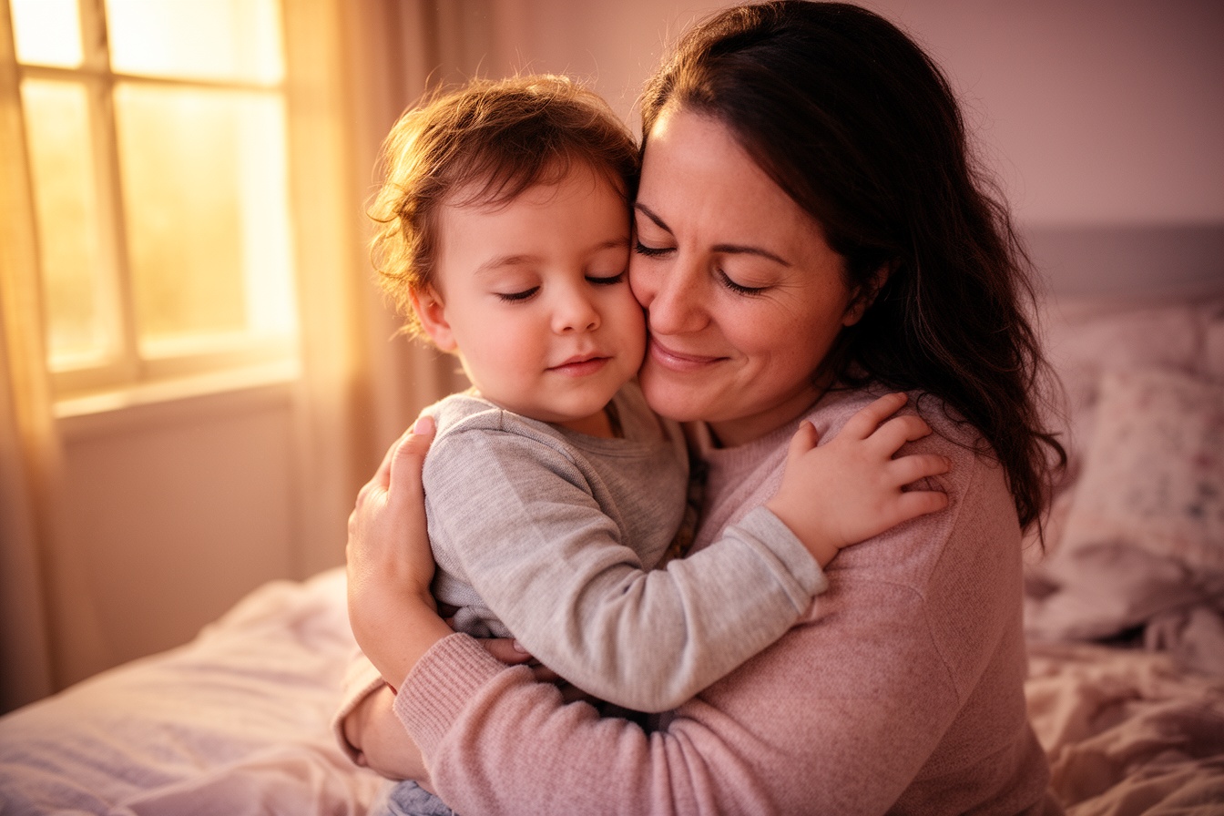 A mother warmly embracing her toddler cheek to cheek