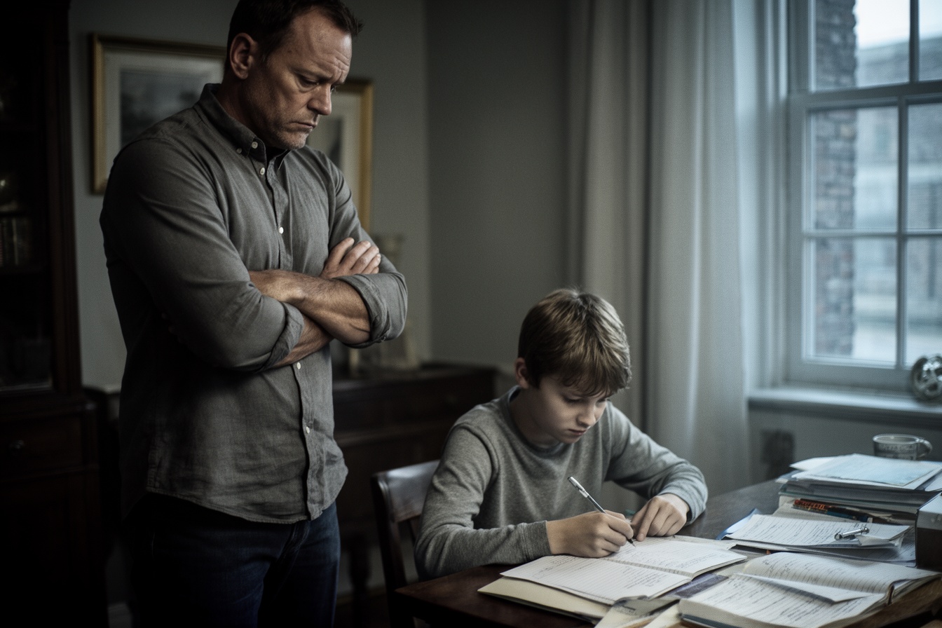 A stern father with crossed arms watching over his son doing homework