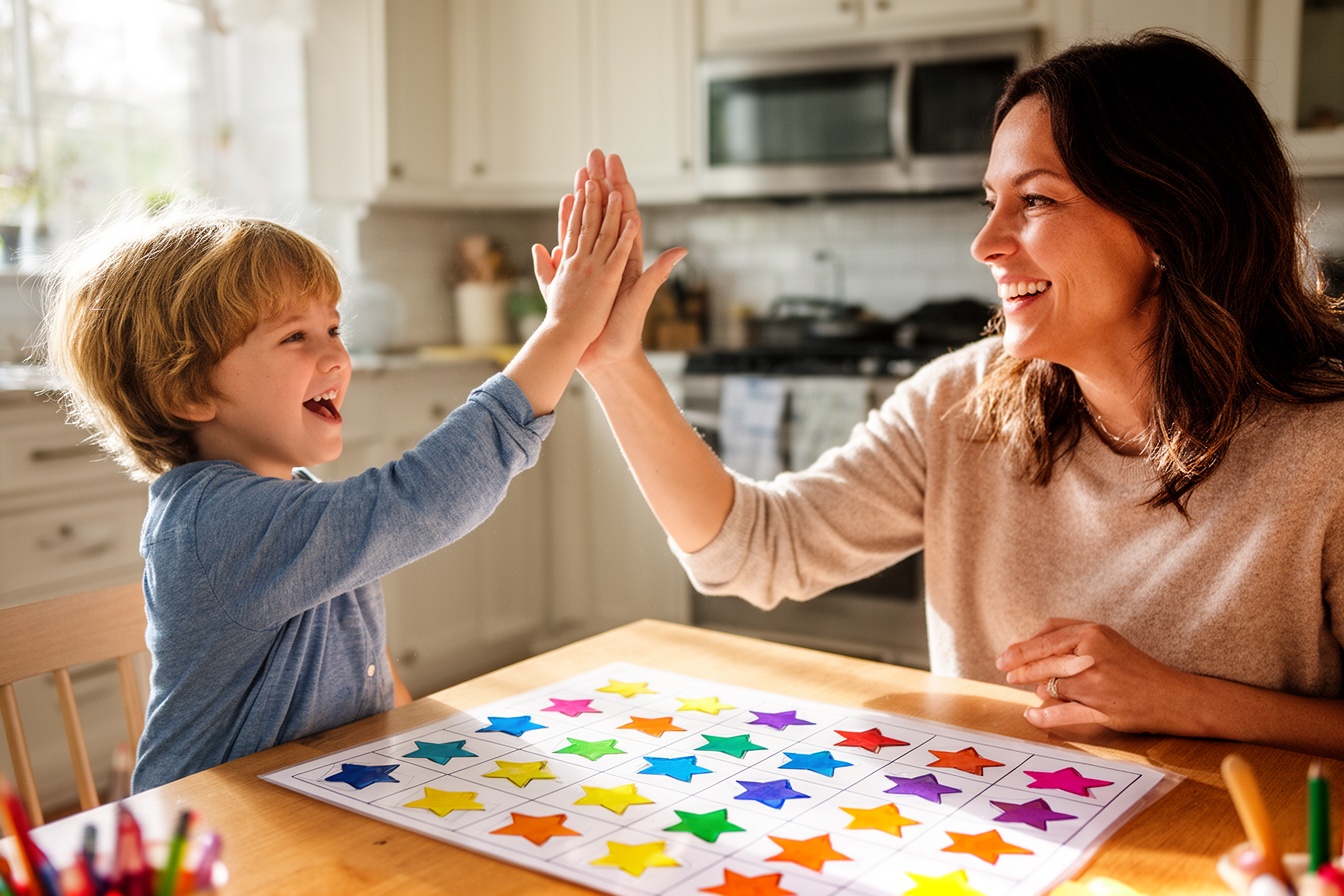 A proud child high-fiving their mother beside a star reward chart