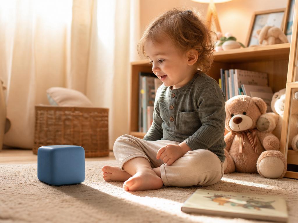 A toddler sitting on a playroom rug, listening happily to a small audio storybox