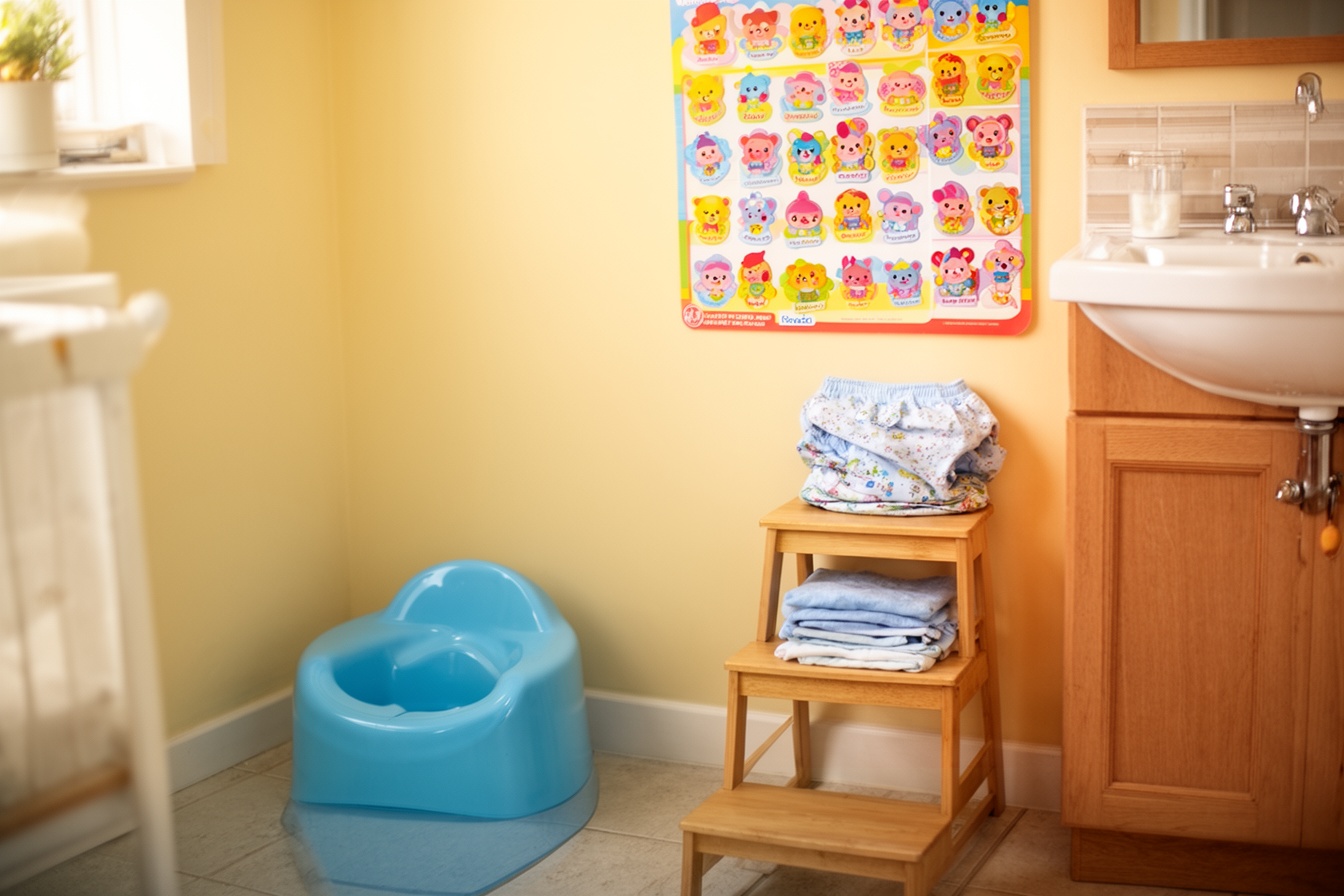 A bright bathroom corner set up for potty training with a potty chair and step stool