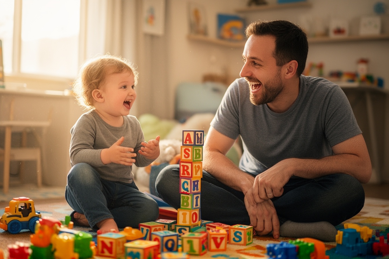 A father and toddler chatting while stacking alphabet blocks on the playroom floor