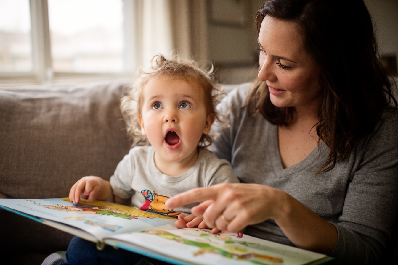 A mother pointing at a picture book while her toddler practices a new word